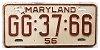 1956 Maryland License Plate #GG3766