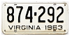 1963 Virginia License Plate #874292