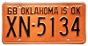 1968 Oklahoma License Plate #XN5134