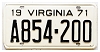 1971 Virginia License Plate #A854200