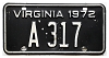 1972 Virginia Reserved License Plate #A317
