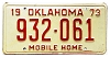 1973 Oklahoma Mobile Home License Plate #932061