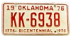 1976 Oklahoma Bicentennial License Plate #KK6938