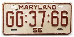 1956 Maryland License Plate #GG3766