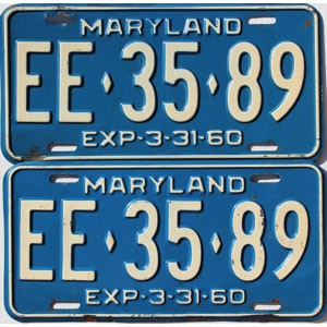 1960 Maryland Masons License Plates Pair #EE3589