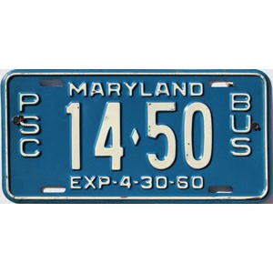 1960 Maryland PSC Bus License Plate #1450