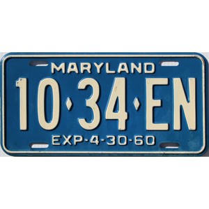 1960 Maryland Truck License Plate #1034EN