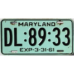1961 Maryland License Plate #DL8933