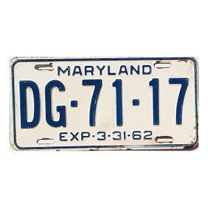 1962 Maryland License Plate #DG7117