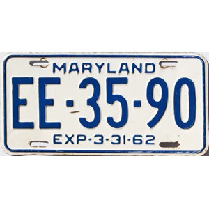 1962 Maryland Masons License Plate #EE3590