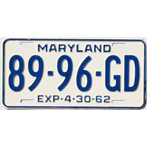 1962 Maryland Truck License Plate #8996GD
