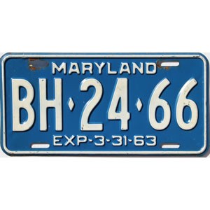 1963 Maryland License Plate #BH2466