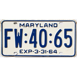 1964 Maryland License Plate #FW4065