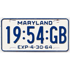 1964 Maryland Truck License Plate #1954GB