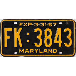 1967 Maryland License Plate #FK3843