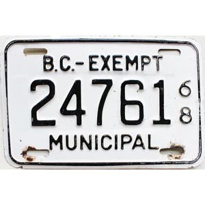 1968 British Columbia Municipal Exempt License Plate #24761