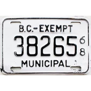 1968 British Columbia Municipal Exempt License Plate #38265