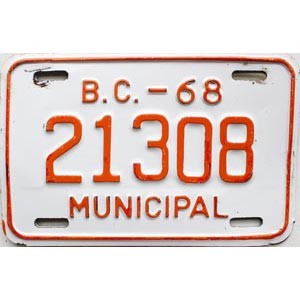 1968 British Columbia Municipal License Plate #21308