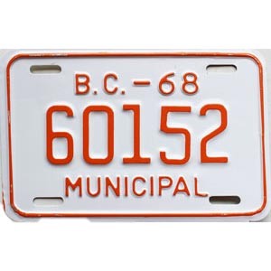 1968 British Columbia Municipal License Plate #60152