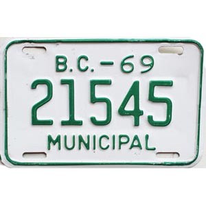 1969 British Columbia Municipal License Plate #21545