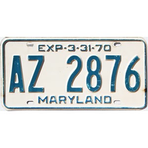 1970 Maryland License Plate #AZ2876