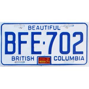 1971 British Columbia License Plate #BFE702