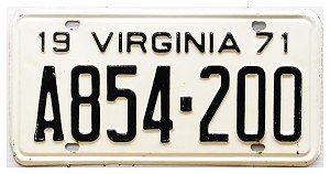 1971 Virginia License Plate #A854200