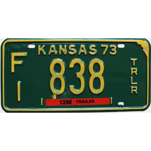 1973 Kansas Trailer License Plate #838