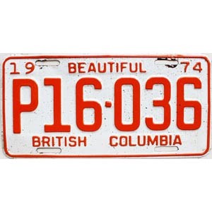 1974 British Columbia Prorate License Plate #P16036