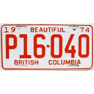 1974 British Columbia Prorate License Plate #P16040
