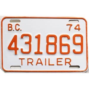 1974 British Columbia Trailer License Plate #431869