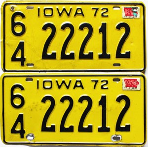 1974 Iowa License Plates Pair #22212