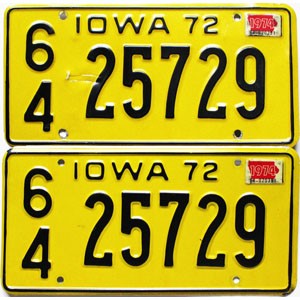 1974 Iowa License Plates Pair #25729