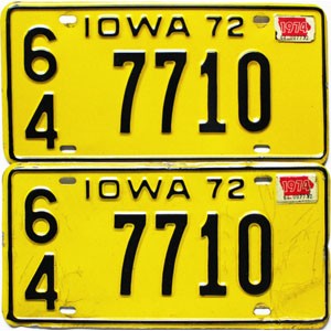 1974 Iowa License Plates Pair #7710