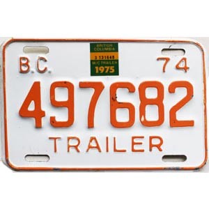 1975 British Columbia Trailer License Plate #497682