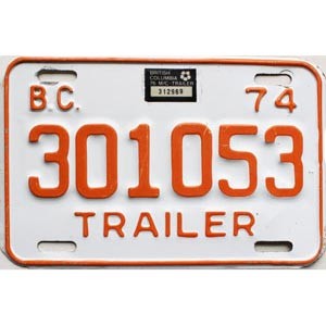 1976 British Columbia Trailer License Plate #301053
