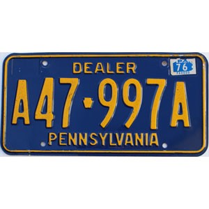 1976 Pennsylvania Dealer License Plate #A47997A