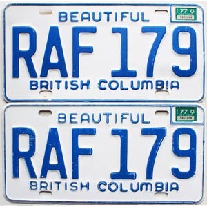 1977 British Columbia License Plates Pair #RAF179