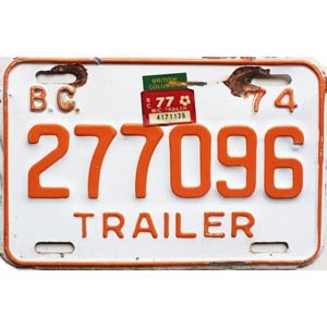 1977 British Columbia Trailer License Plate #277096