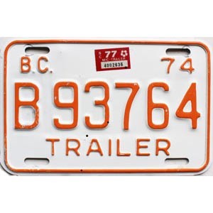 1977 British Columbia Trailer License Plate #B93764