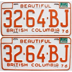 1977 British Columbia Truck License Plates Pair #3264BJ