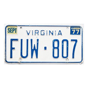 1977 Virginia License Plate #FUW807