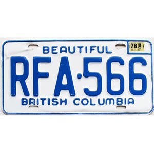1978 British Columbia License Plate #RFA566