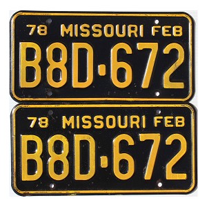 1978 Missouri License Plates Pair #B8D672
