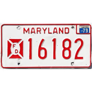 1979 Maryland Fire Department License Plate #16182