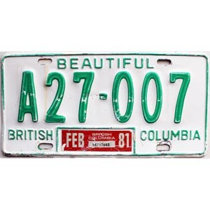 1981 British Columbia Farm License Plate #A27007