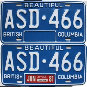 1981 British Columbia License Plates Pair #ASD466
