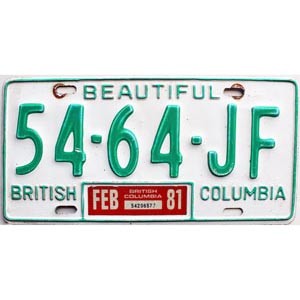 1981 British Columbia Truck License Plate #5464JF