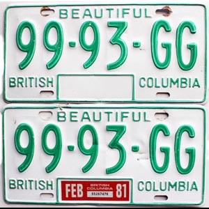 1981 British Columbia Truck License Plates Pair #9993GG