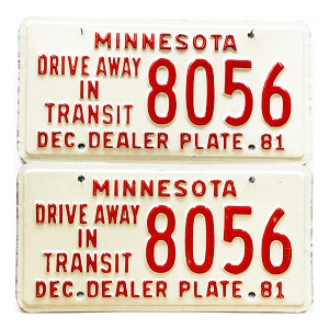 1981 Minnesota Drive Away In Transit Dealer License Plates Pair #8056